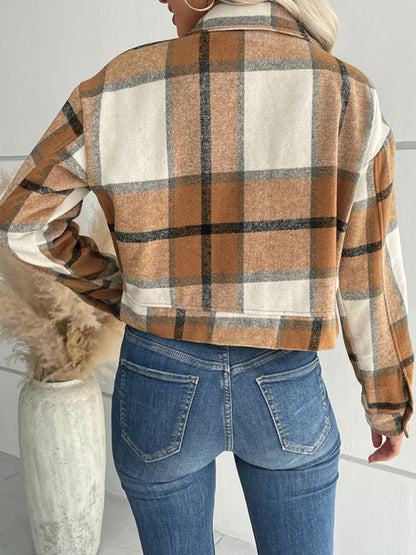 Plaid Pattern Woven Cropped Jacket