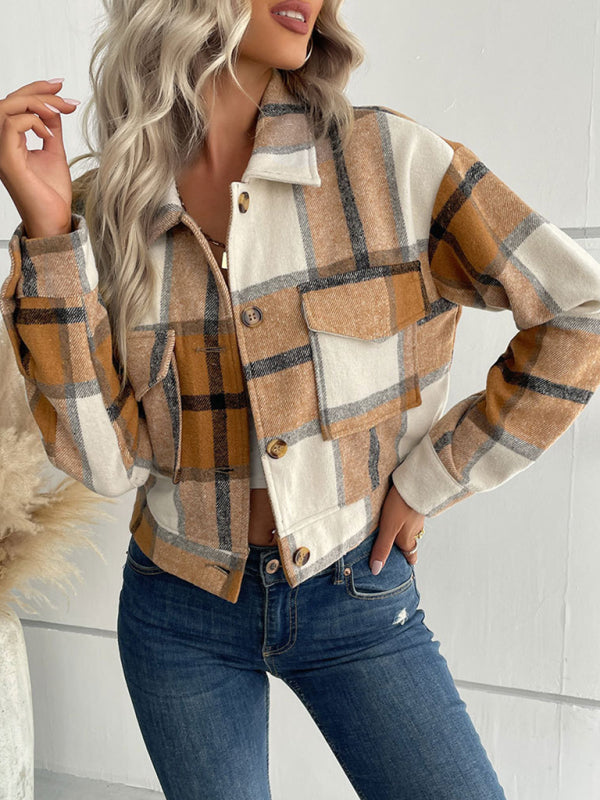 Plaid Pattern Woven Cropped Jacket