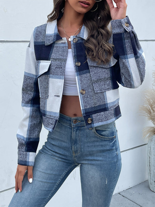 Plaid Pattern Woven Cropped Jacket