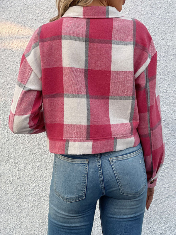 Plaid Pattern Woven Cropped Jacket