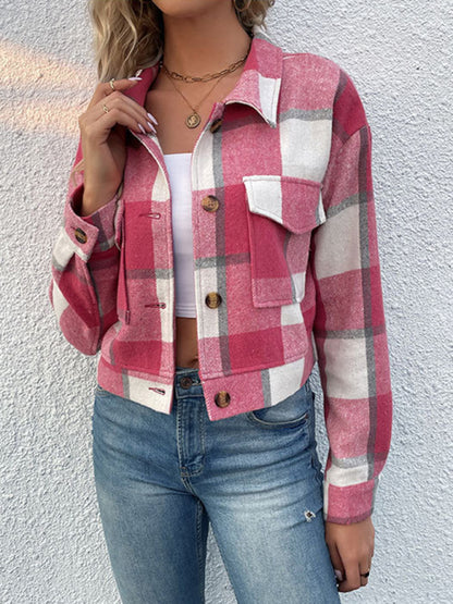 Plaid Pattern Woven Cropped Jacket