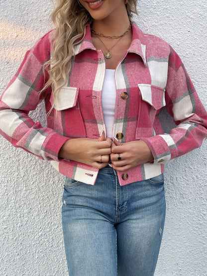 Plaid Pattern Woven Cropped Jacket