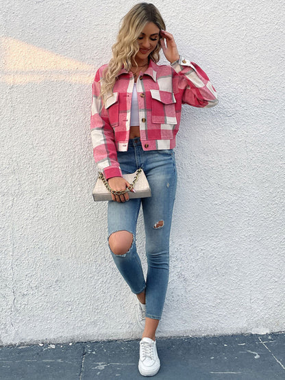 Plaid Pattern Woven Cropped Jacket