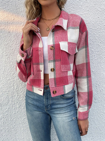 Plaid Pattern Woven Cropped Jacket