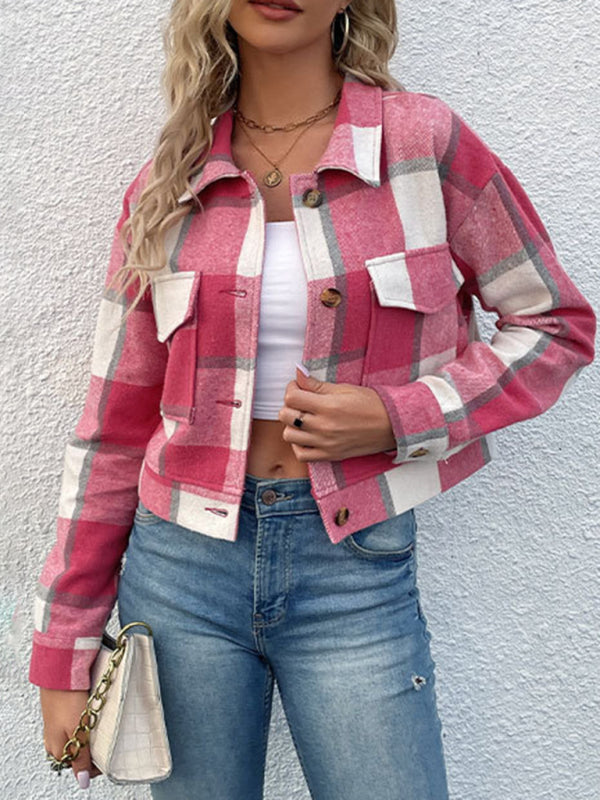 Plaid Pattern Woven Cropped Jacket