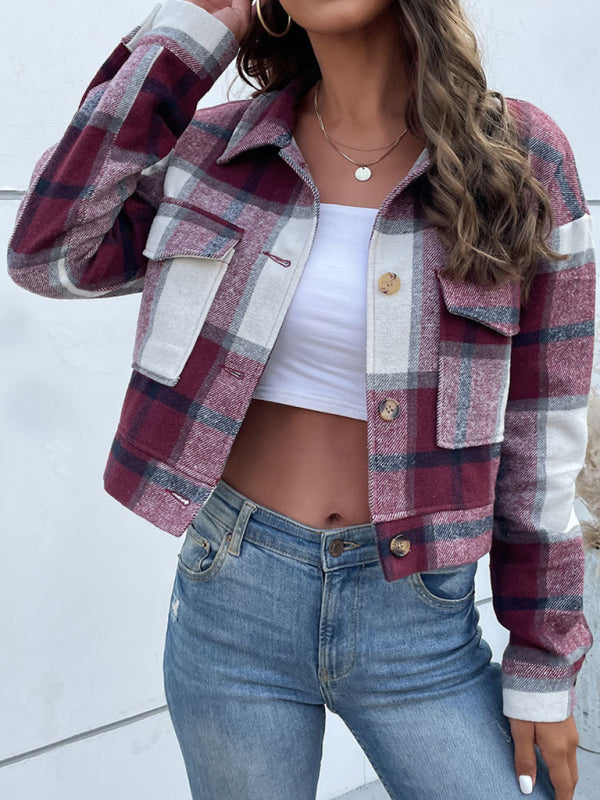 Plaid Pattern Woven Cropped Jacket