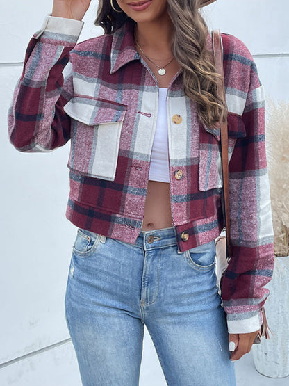 Plaid Pattern Woven Cropped Jacket