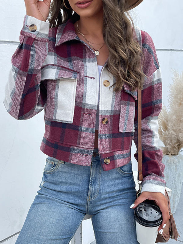 Plaid Pattern Woven Cropped Jacket