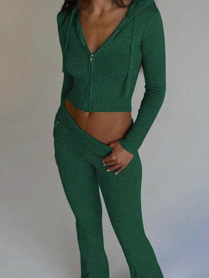 Knitted Long Sleeve Hoodie & Waist Accent Pants Set