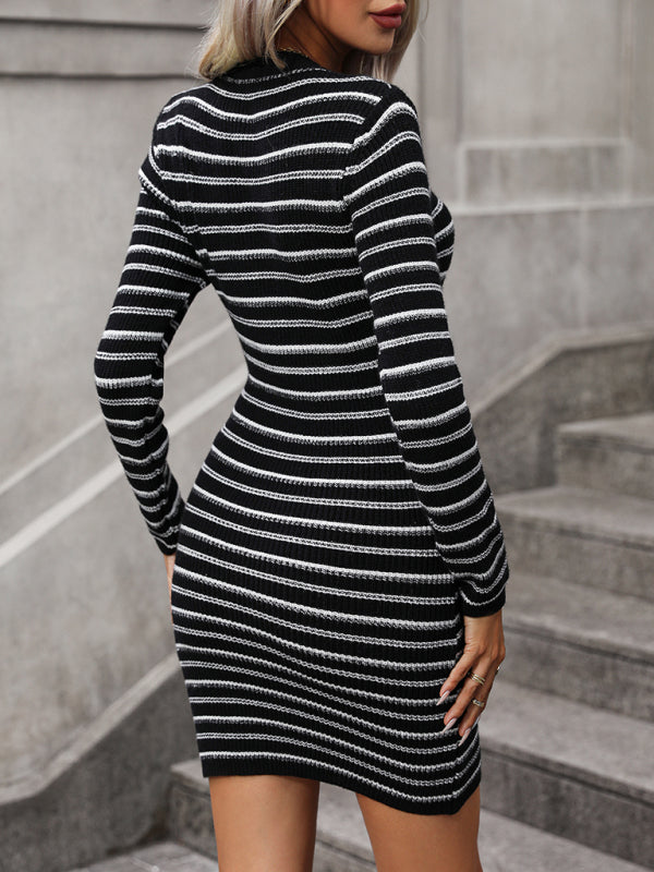 Intercolor Striped Pullover Mid Length Sweater Dress