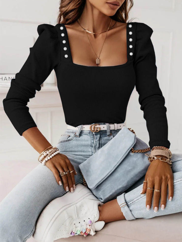 Solid Color Beaded Pit Strip Long-sleeve Top