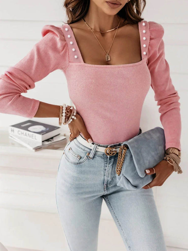 Solid Color Beaded Pit Strip Long-sleeve Top