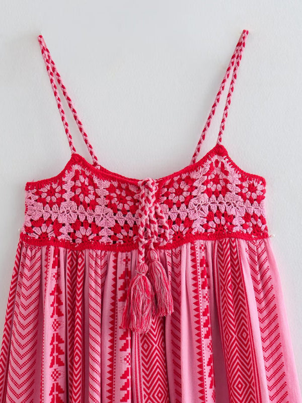 Crochet Patchwork Knitted Ethnic Style Slip Dress