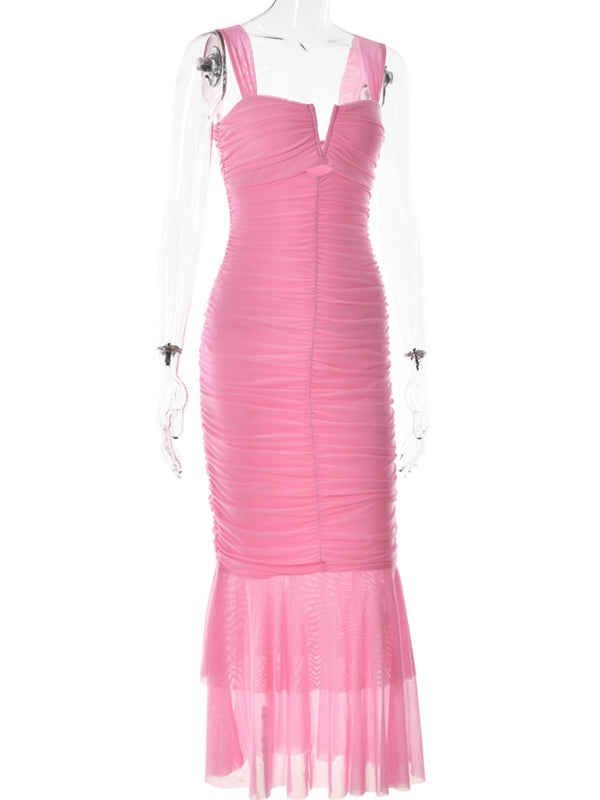 Sweetheart Neck Form-fitting Pleated Fishtail Maxi Dress