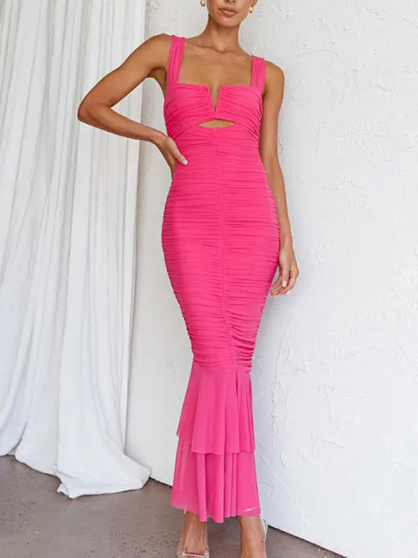 Sweetheart Neck Form-fitting Pleated Fishtail Maxi Dress