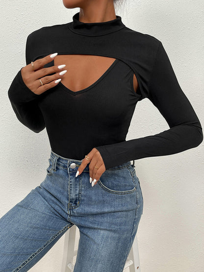 Sexy Black Mock Two-Piece Hollow-out Bodysuit