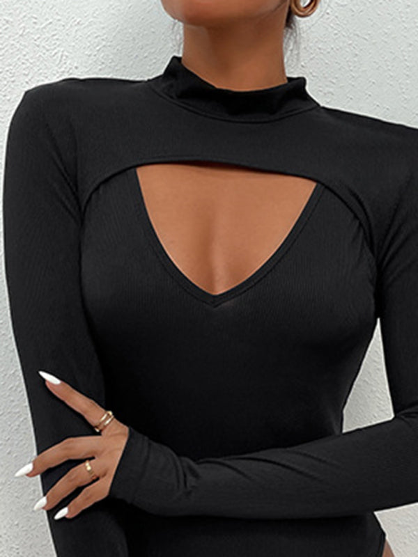 Sexy Black Mock Two-Piece Hollow-out Bodysuit