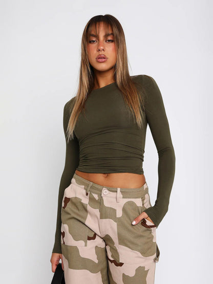 Solid Color Slim Fit Pullover Cropped T-shirt
