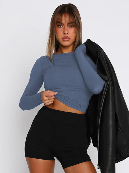 Solid Color Slim Fit Pullover Cropped T-shirt