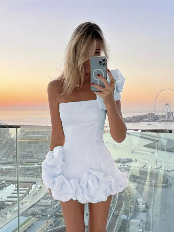 Ruffled Bud Waist Slim One Shoulder Tube Top Mini Dress