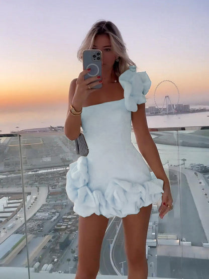 Ruffled Bud Waist Slim One Shoulder Tube Top Mini Dress