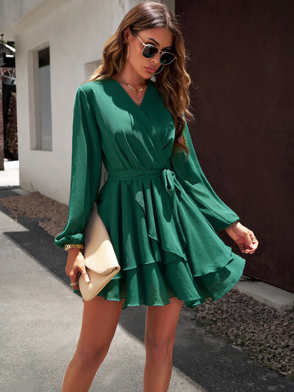 V-neck Elegant Long-sleeved Multi-layered Mini Dress