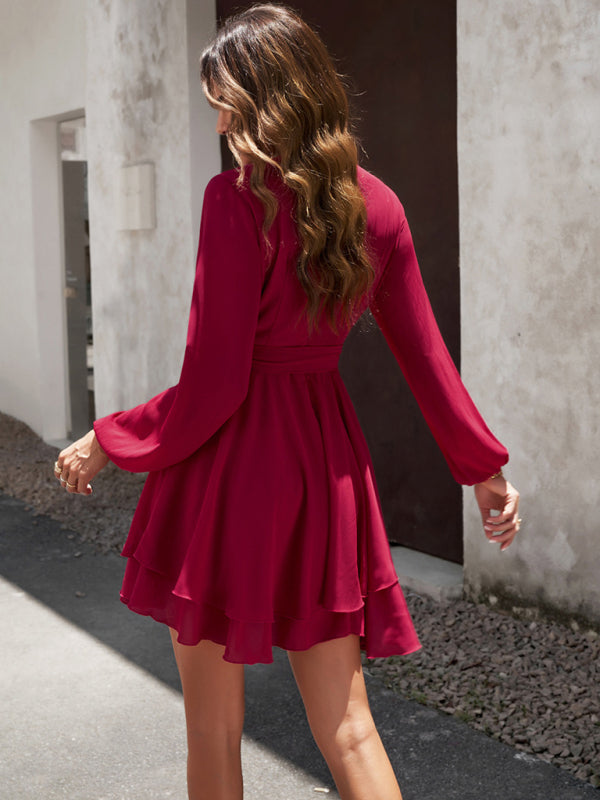 V-neck Elegant Long-sleeved Multi-layered Mini Dress