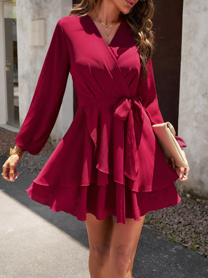 V-neck Elegant Long-sleeved Multi-layered Mini Dress