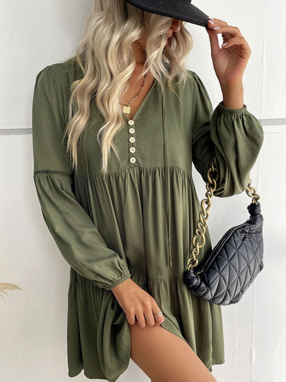 Long-sleeved Button V-neck Tiered Mini Dress