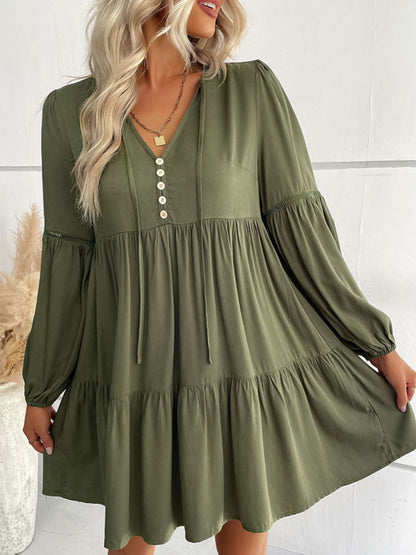 Long-sleeved Button V-neck Tiered Mini Dress