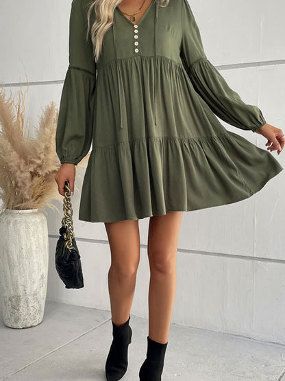 Long-sleeved Button V-neck Tiered Mini Dress