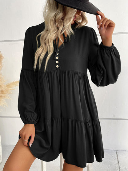 Long-sleeved Button V-neck Tiered Mini Dress