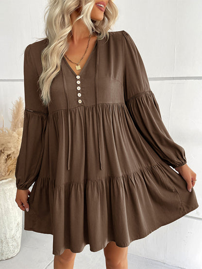 Long-sleeved Button V-neck Tiered Mini Dress