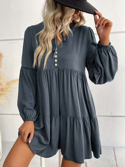 Long-sleeved Button V-neck Tiered Mini Dress