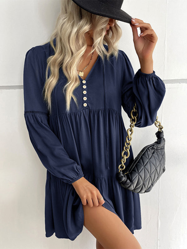 Long-sleeved Button V-neck Tiered Mini Dress