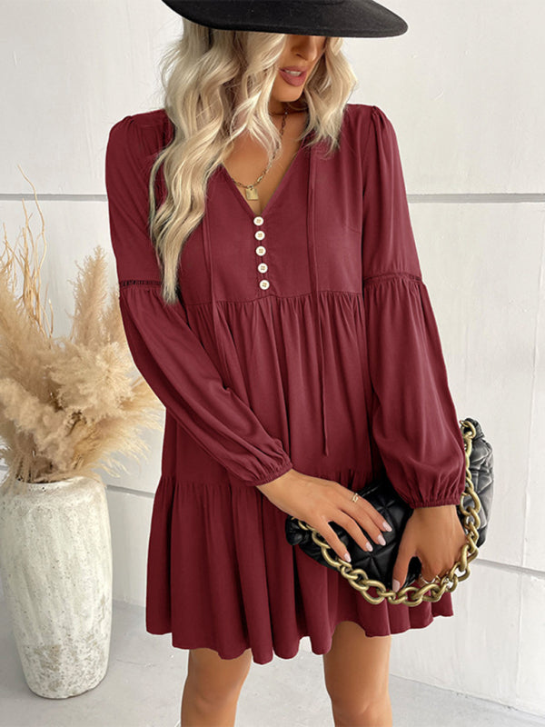 Long-sleeved Button V-neck Tiered Mini Dress