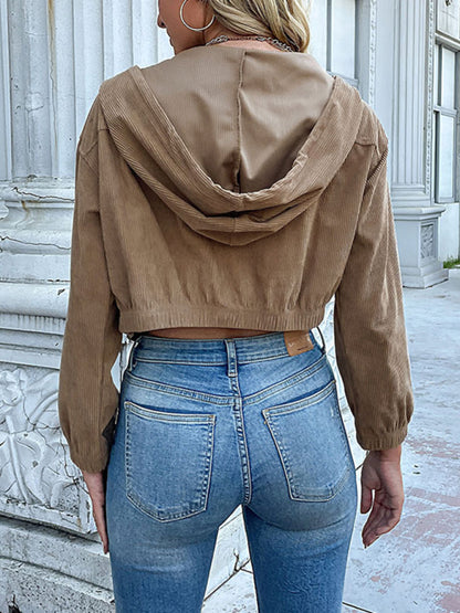 Khaki Hooded Corduroy Cropped Jacket