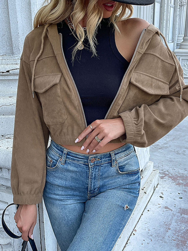 Khaki Hooded Corduroy Cropped Jacket