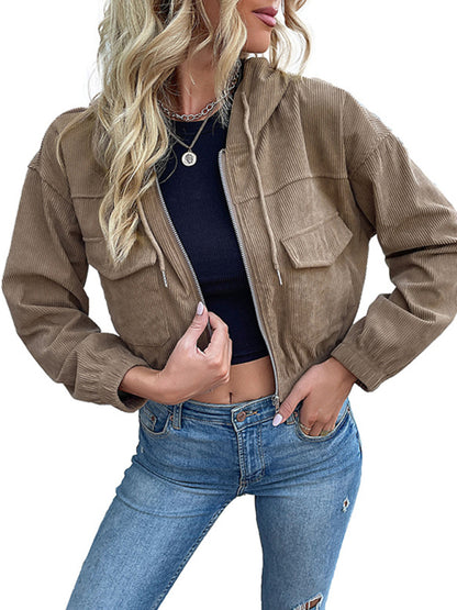 Khaki Hooded Corduroy Cropped Jacket