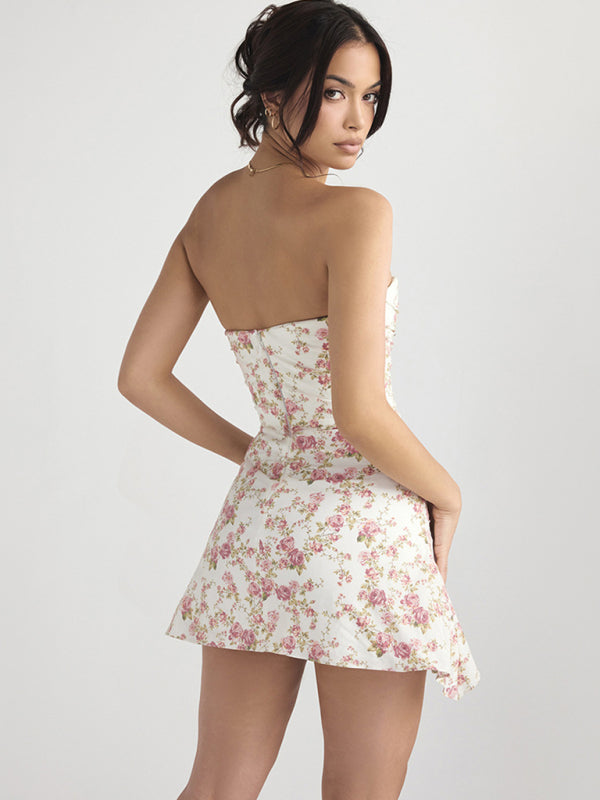 Strapless Tube Backless Bodycon Floral French Mini Dress