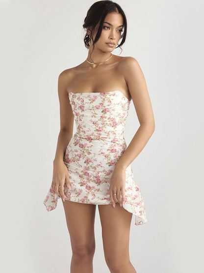 Strapless Tube Backless Bodycon Floral French Mini Dress