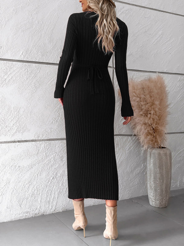 Elegant Solid Color V-neck Long-sleeved Sweater Dress