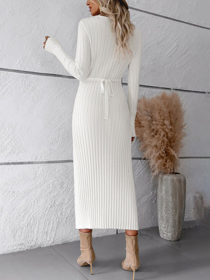 Elegant Solid Color V-neck Long-sleeved Sweater Dress