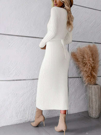 Elegant Solid Color V-neck Long-sleeved Sweater Dress