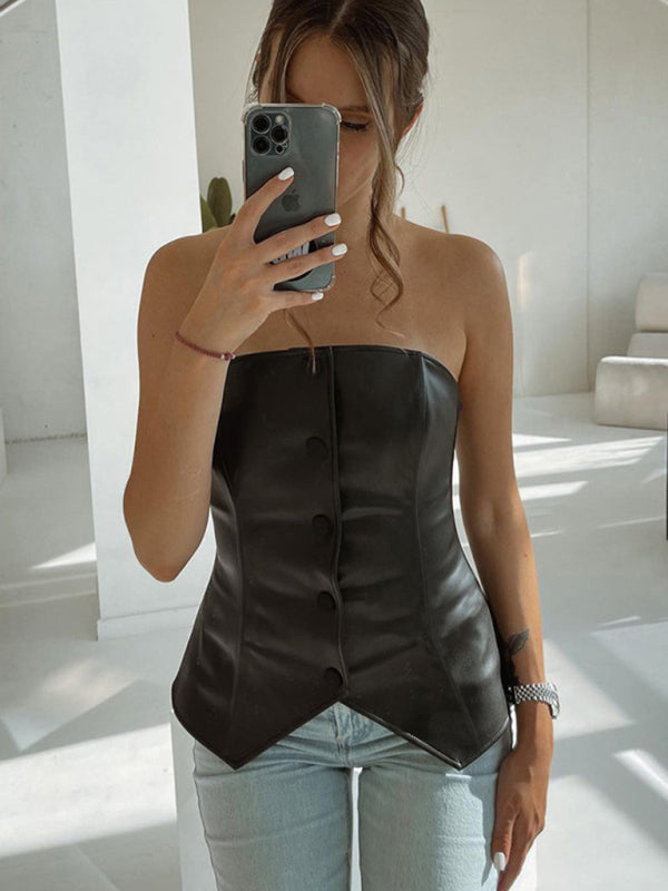 PU Leather Bateau Collar Slim Backless Tube Top