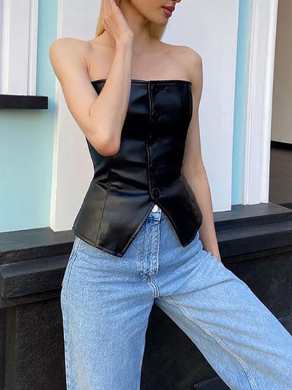 PU Leather Bateau Collar Slim Backless Tube Top