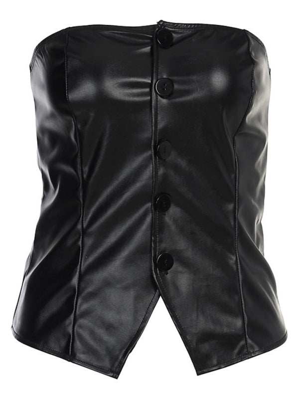 PU Leather Bateau Collar Slim Backless Tube Top