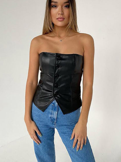 PU Leather Bateau Collar Slim Backless Tube Top