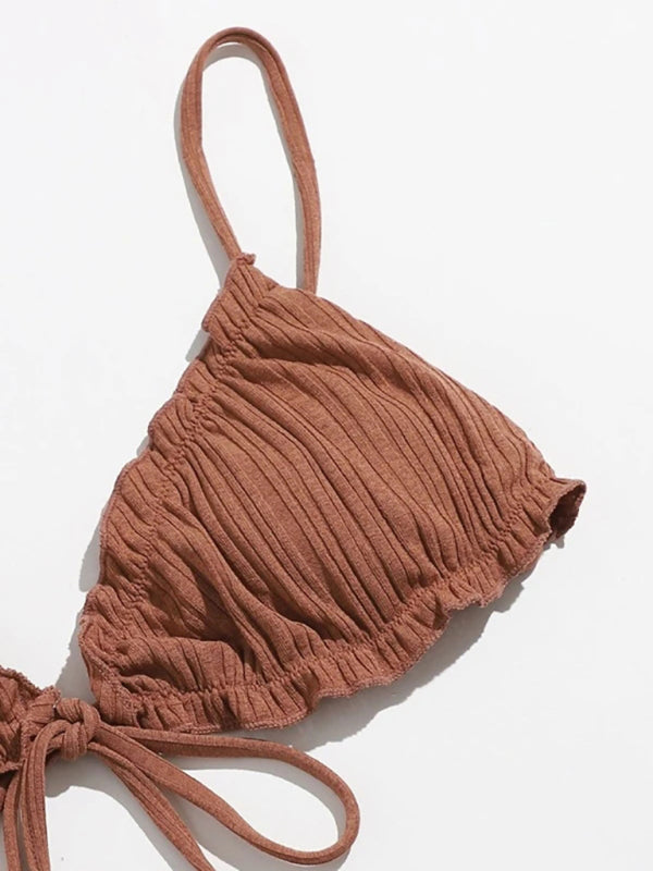 Brown Knitted Tie-Front Bikini Swimsuit