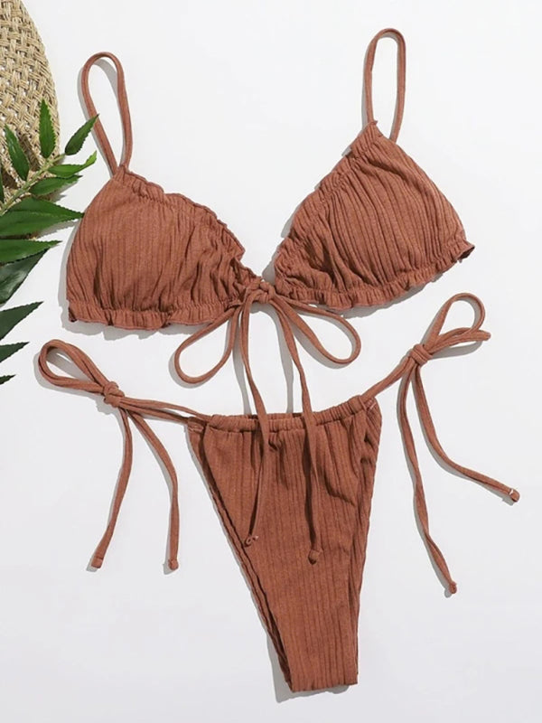 Brown Knitted Tie-Front Bikini Swimsuit